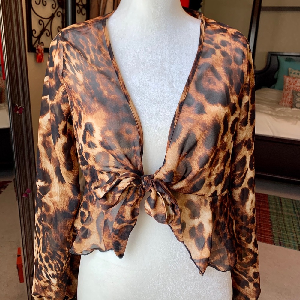 Semi-Sheer Cheetah Print Front-Tie Blouse